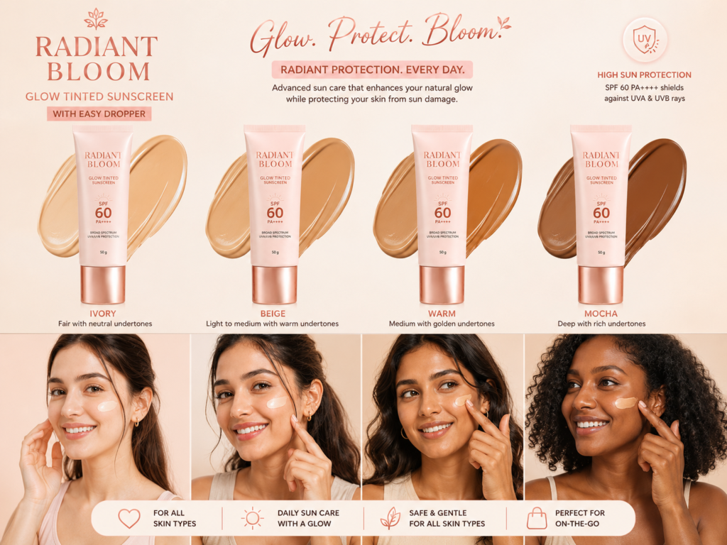Different shades of Radiant Bloom Glow Tinted Sunscreen SPF 60